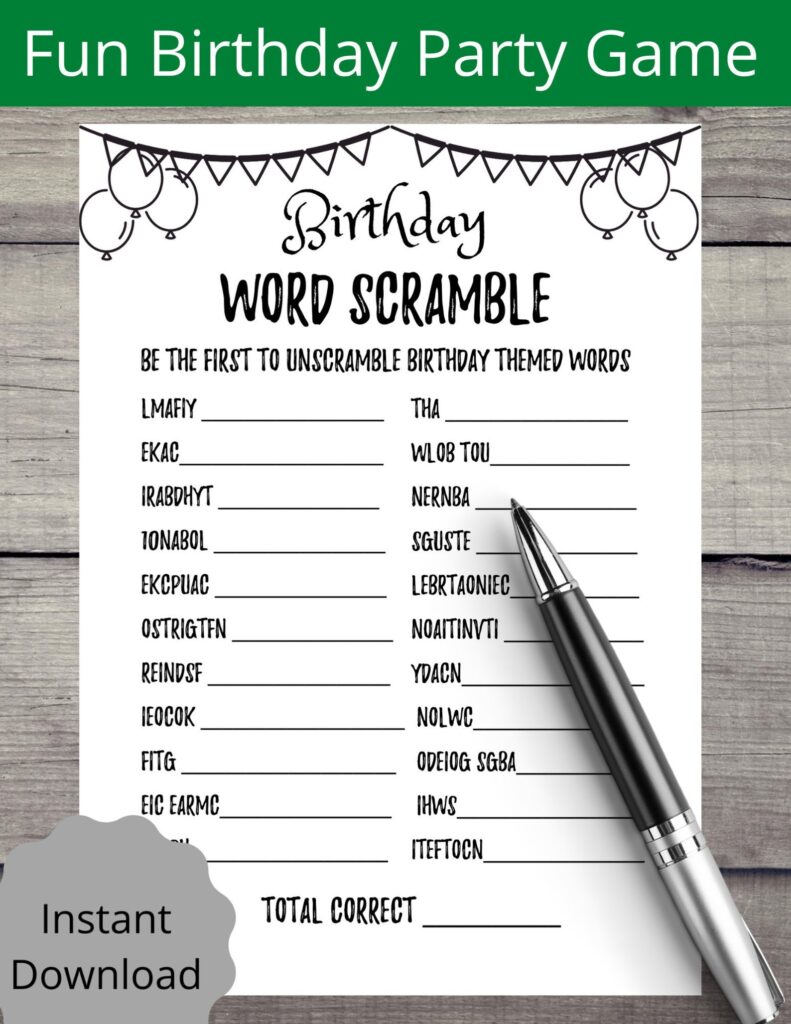 Adult Birthday Party Games Birthday Word Scramble Games 20th 25th 