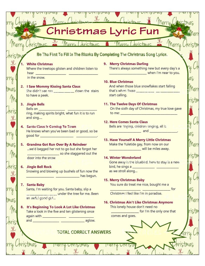 Free Christmas Carol Games Printable With Answers