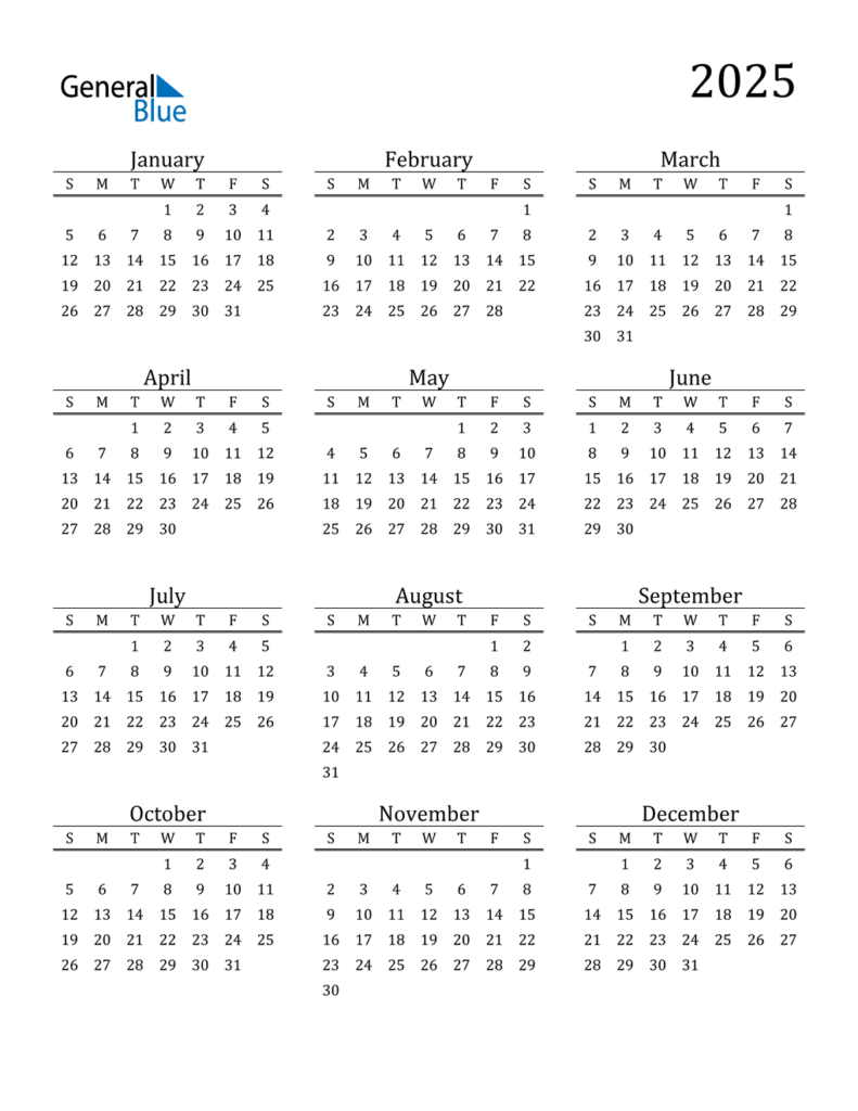 Free Printable Yearly Calendar 2025