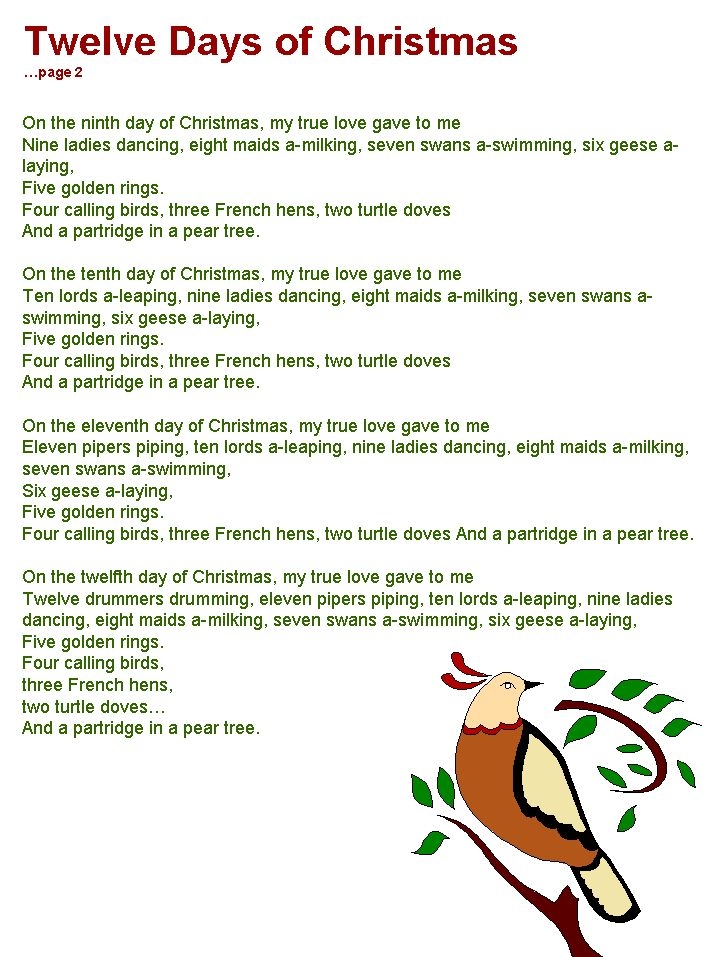 Lyrics 12 Days Of Christmas Printable