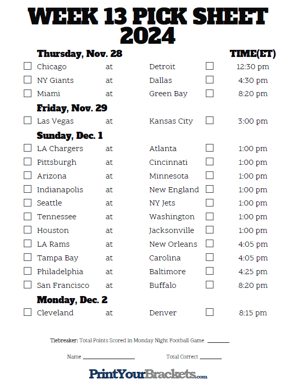 Nfl Schedule Week 13 Printable