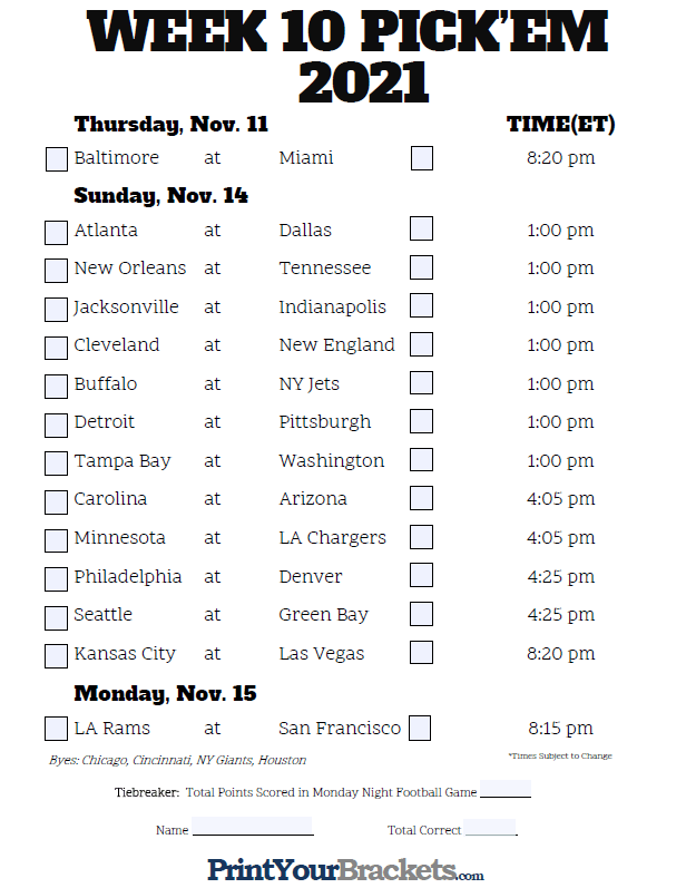 Nfl Week 10 Printable Schedule Customize And Print