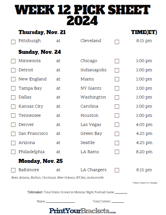 Nfl Week 12 Schedule Printable