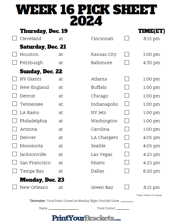 Nfl Week 16 Printable Schedule Customize And Print