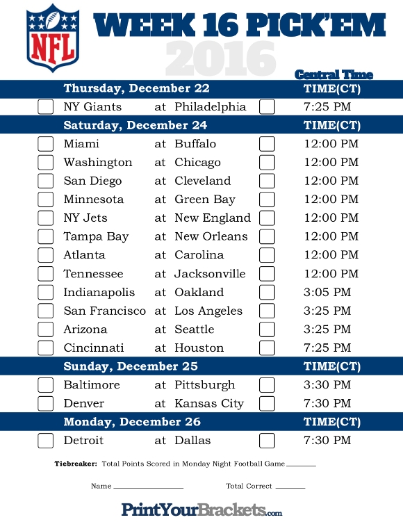 Nfl Week 16 Schedule Printable