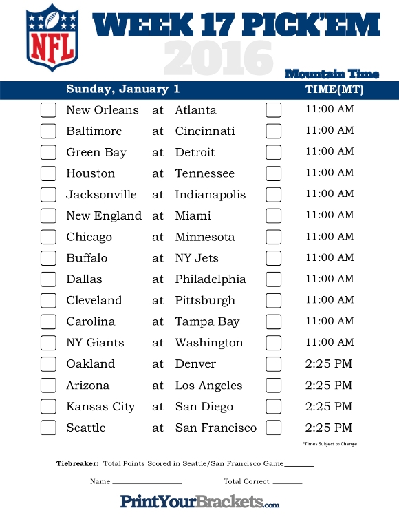 Nfl Week 17 Printable Schedule