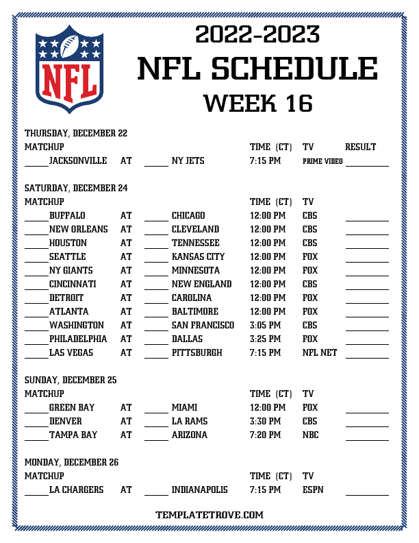 Printable 2022 2023 NFL Schedule Week 16