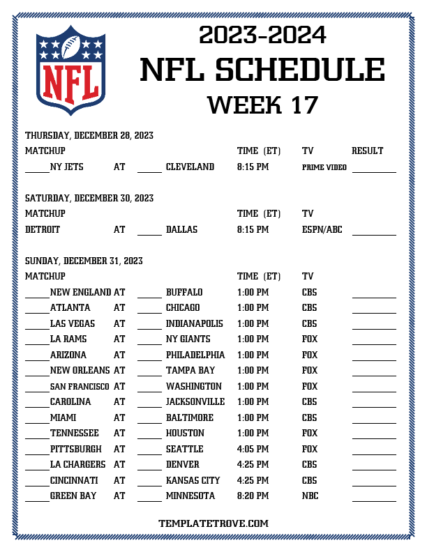 Printable 2023 2024 NFL Schedule Week 17