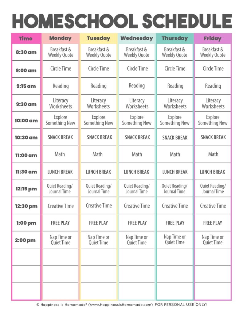 Printable Daily Schedule For Homeschool