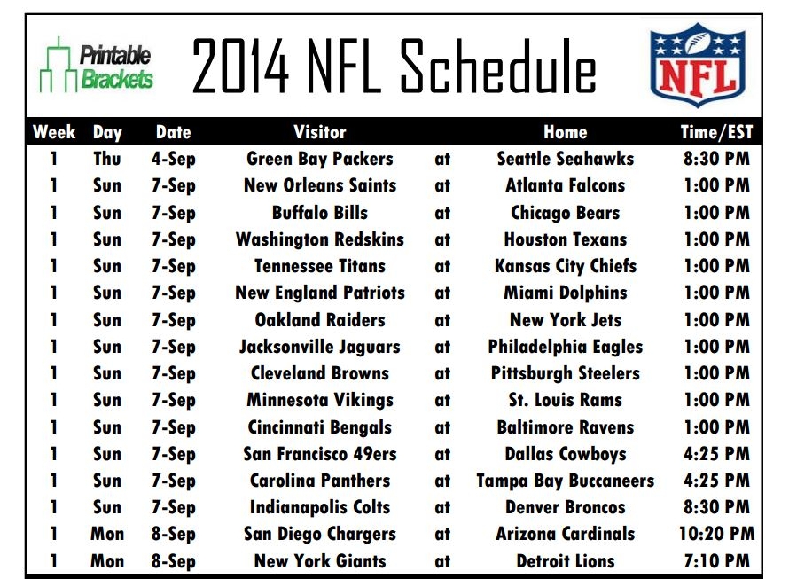 Printable Nfl Schedule All Teams Includes Game Times Tv Listings And