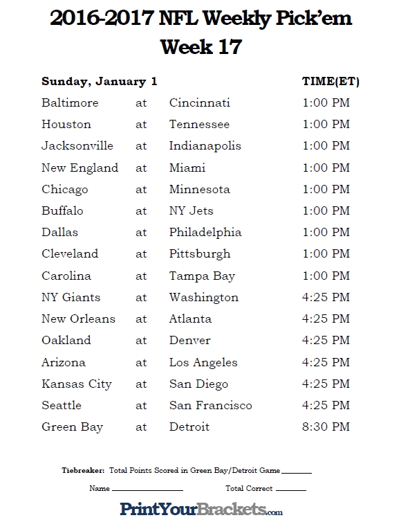 Printable Nfl Schedule Week 17