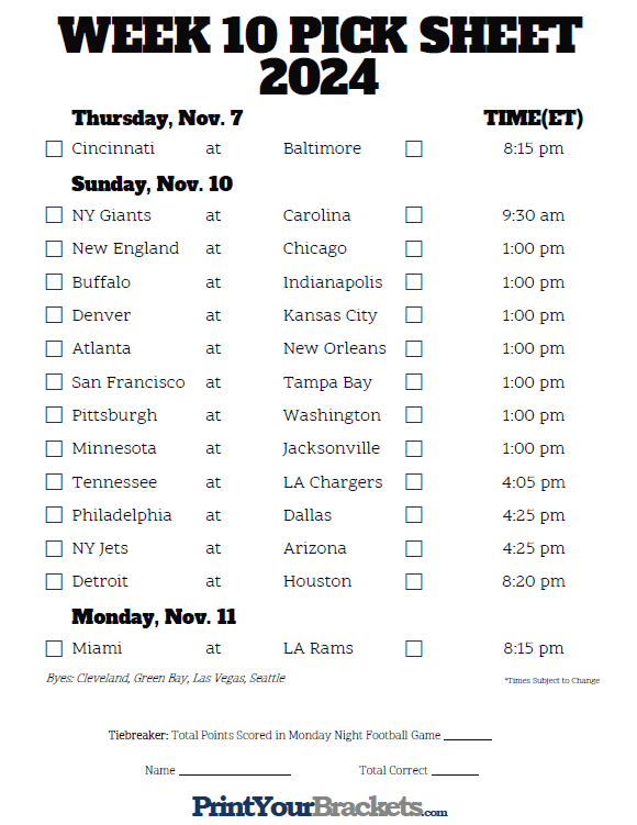 Printable NFL Week 10 Schedule Pick Em Pool 2024