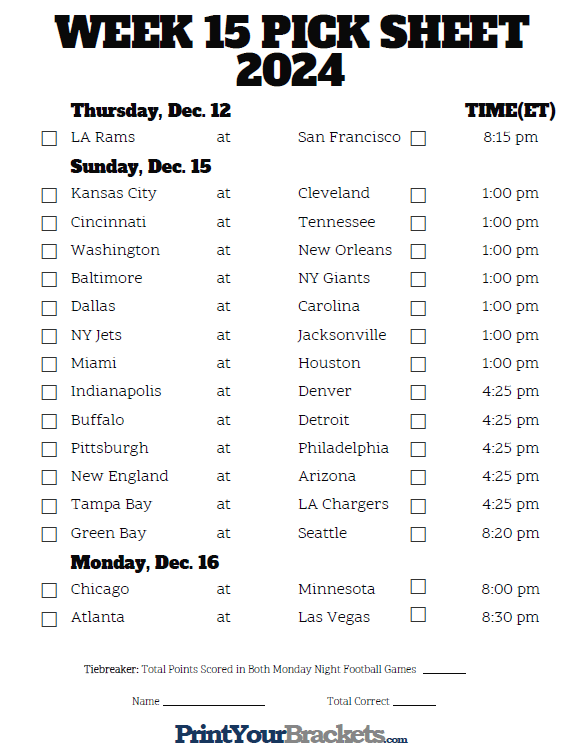 Printable NFL Week 15 Schedule Pick Em Pool 2024