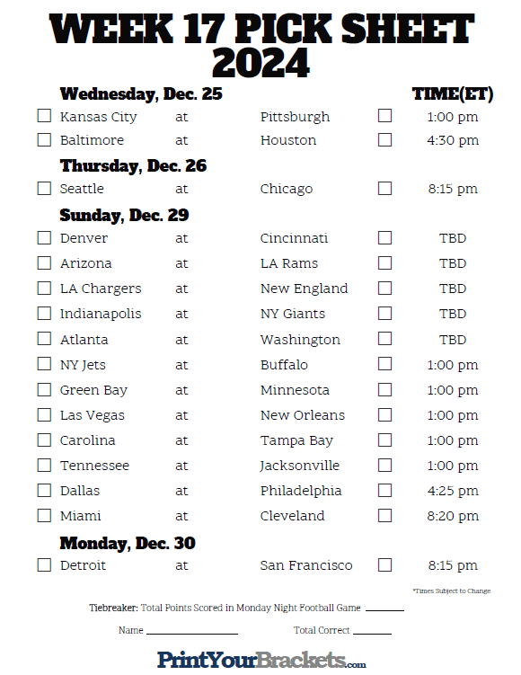 Printable NFL Week 17 Schedule Pick Em Pool 2024