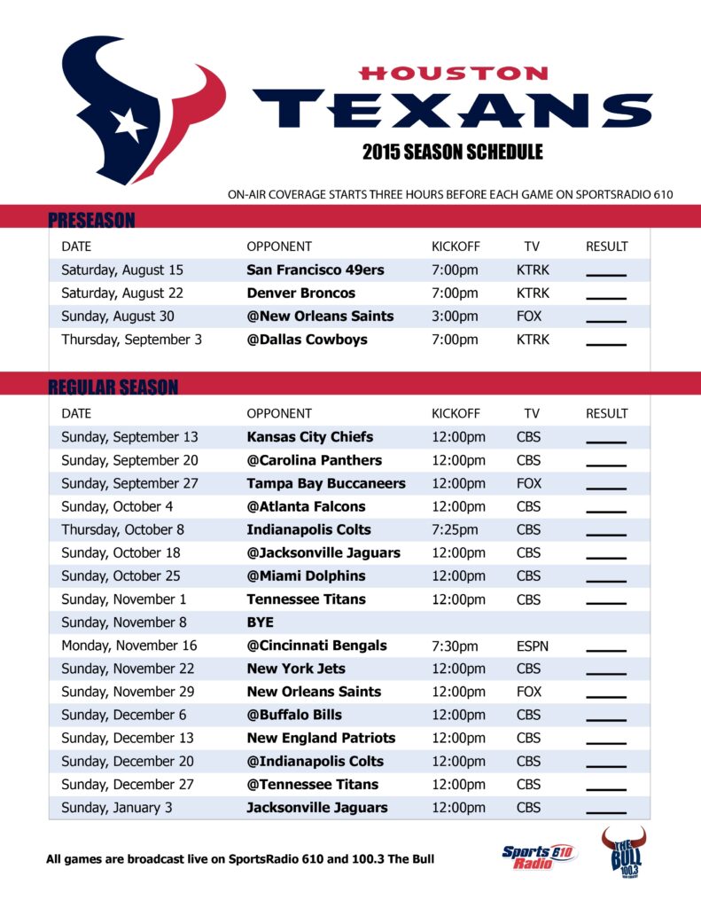 Printable Texans Schedule