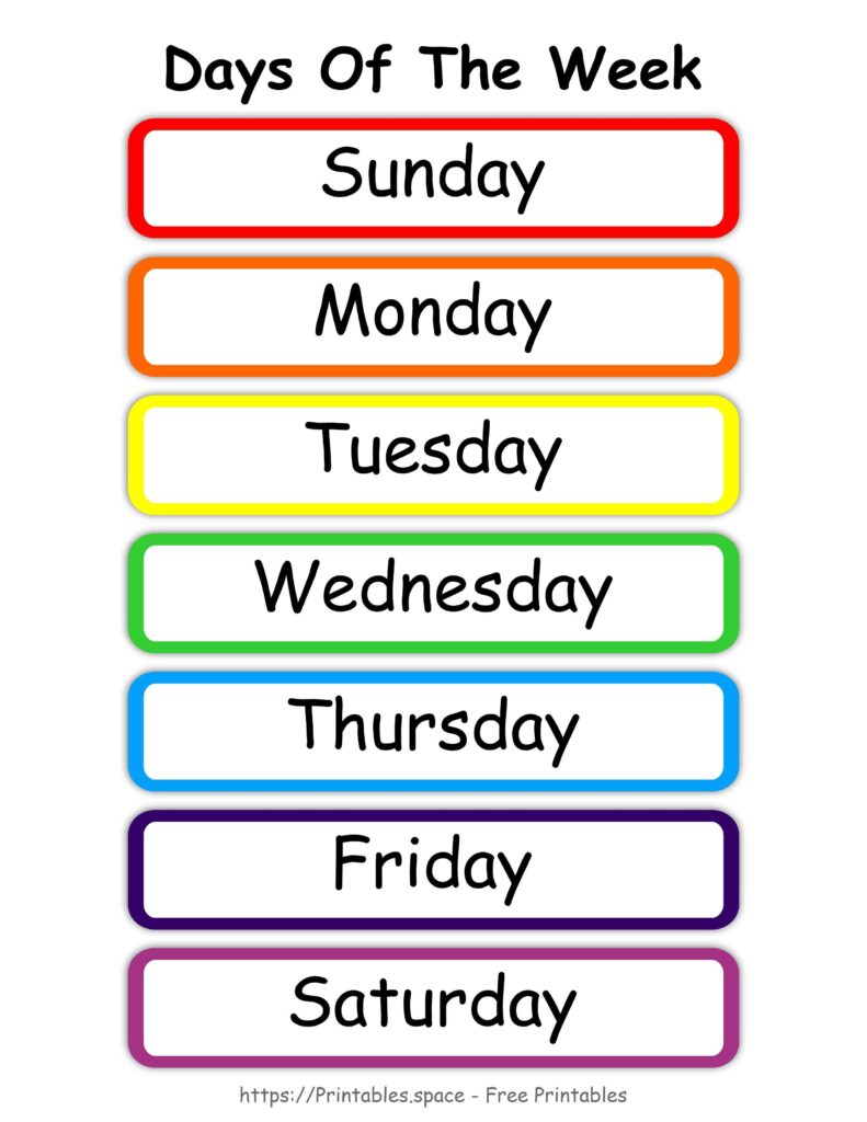 Simple Colorful Days Of The Week Chart Free Printables