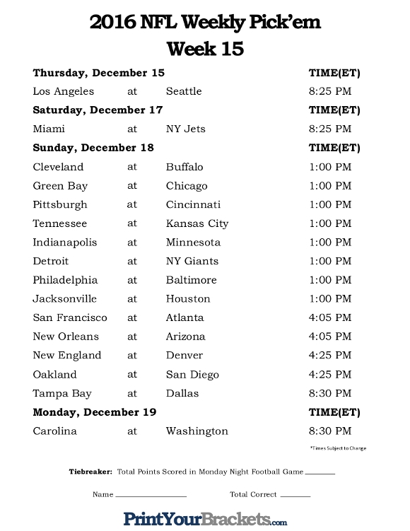 Week 15 Nfl Printable Schedule