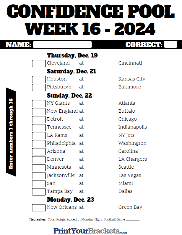 Week 16 Nfl Schedule Printable