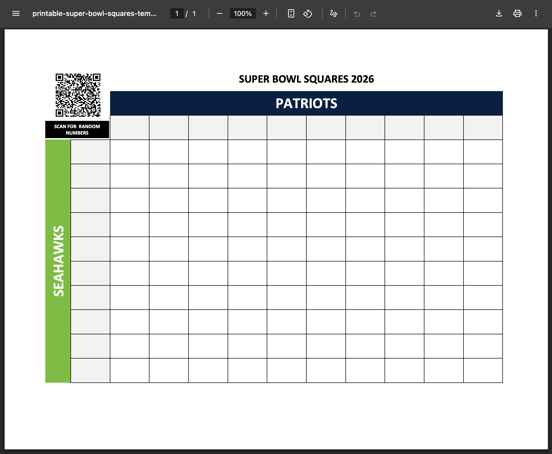 2026 Free Printable Super Bowl Squares Template