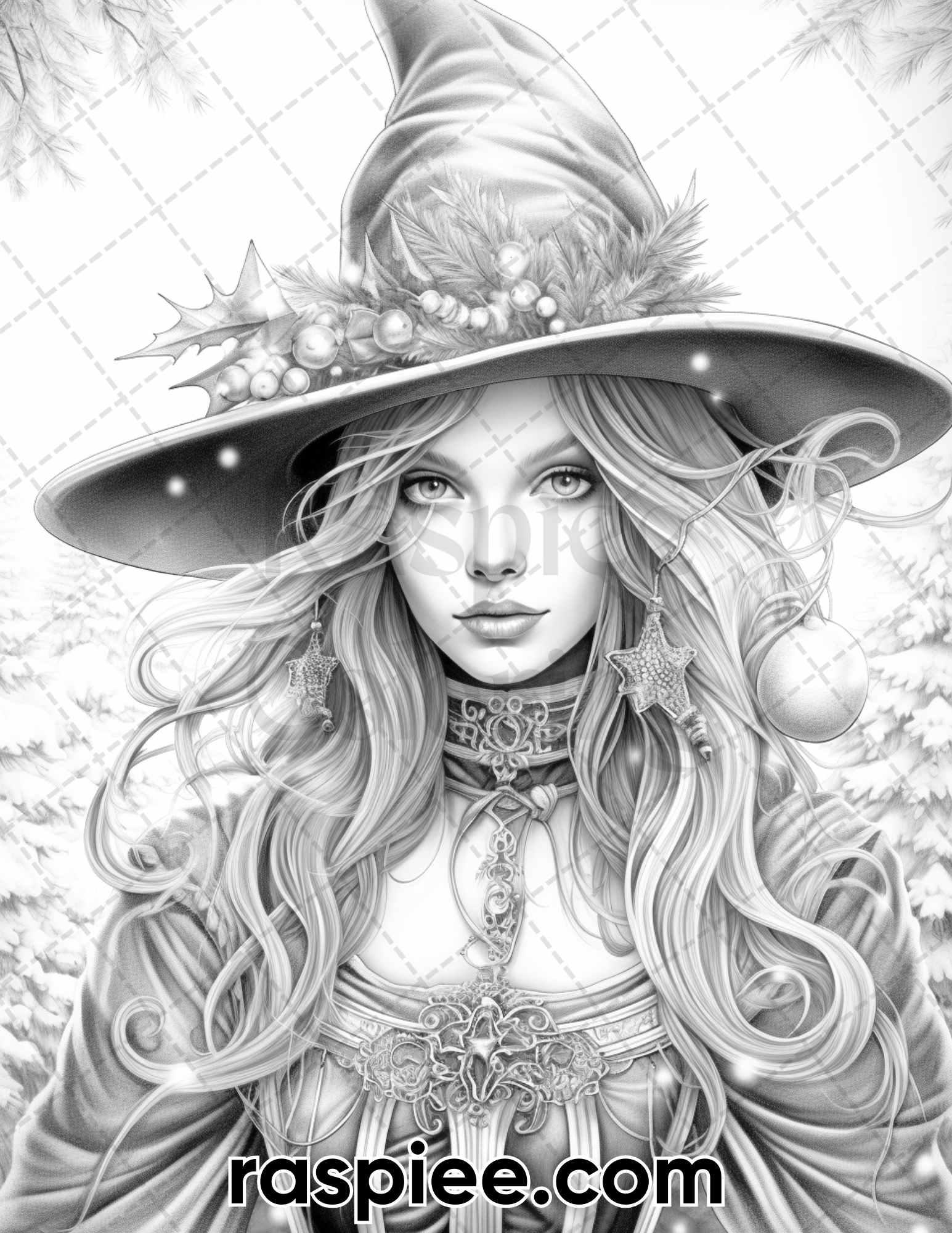 50 Christmas Witch Grayscale Coloring Pages For Adults Printable PDF RASPIEE