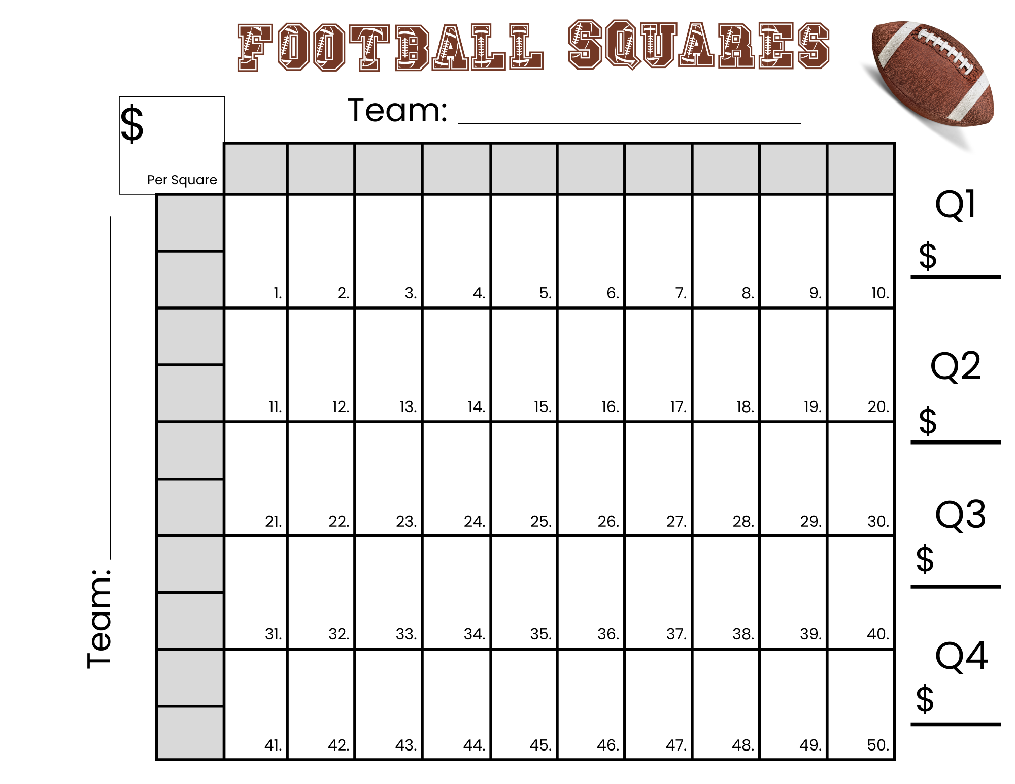 50 Football Squares Game Printable 5 10 Football Squares Instant Download