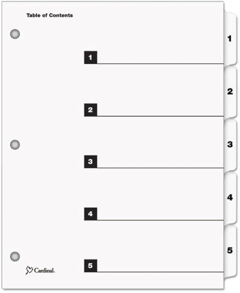 Amazon Cardinal Onestep Printable Table Of Contents Dividers 5 X Divider Printed1 5 5 Tab s set 9 X 11 5 Set White Divider White Tab Binder Index Dividers Office Products