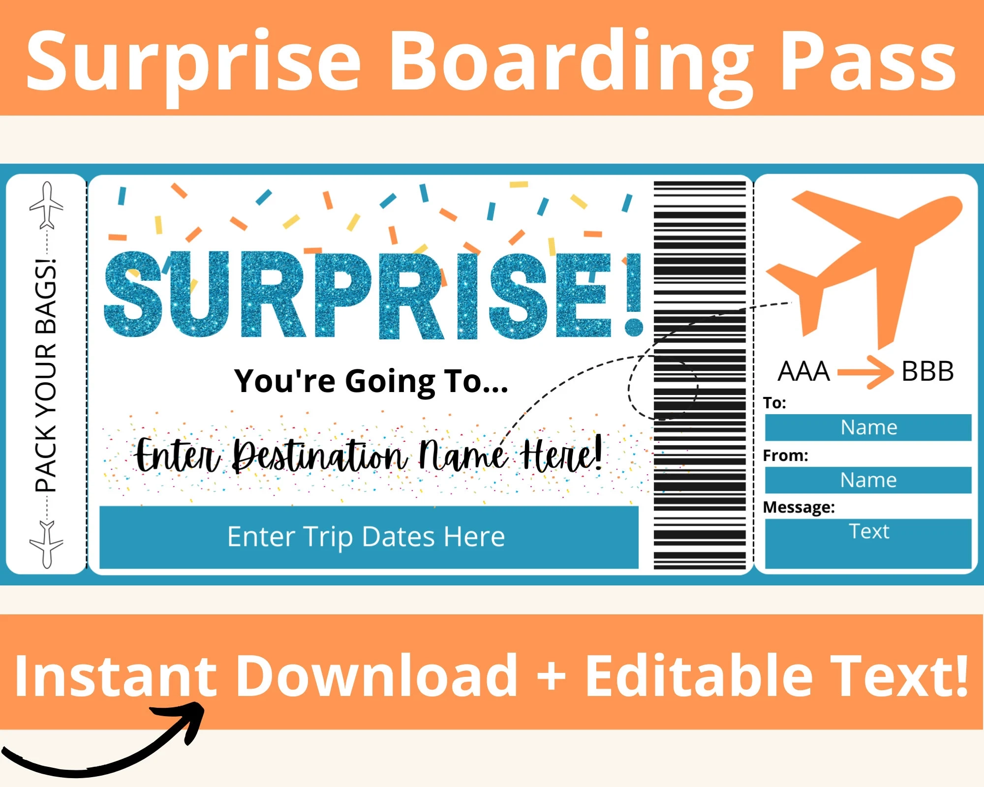 Boarding Pass Template Surprise Vacation Trip Reveal Ticket Editable Airline Airplane Ticket Travel Gift Voucher Printable Etsy