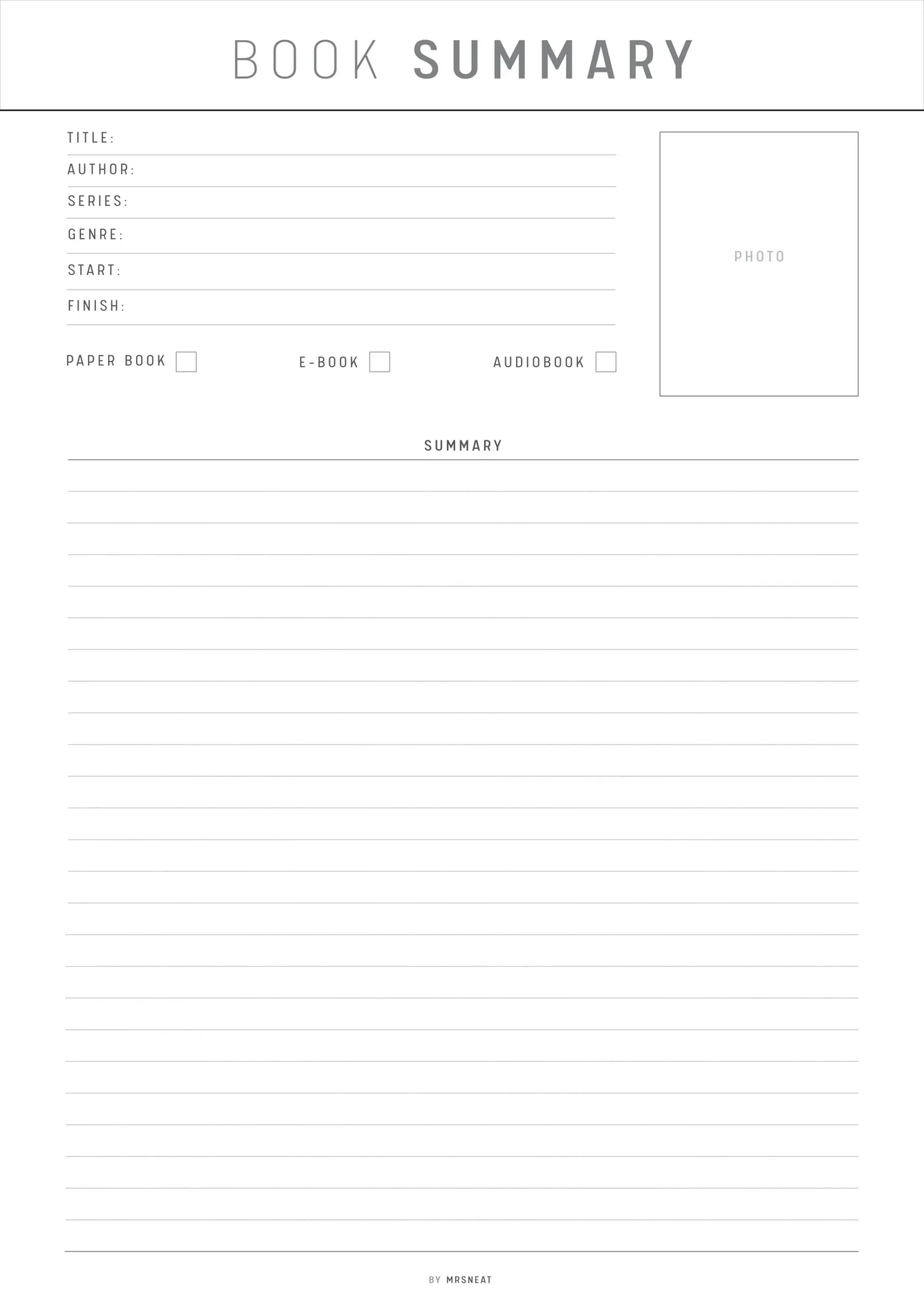 Book Summary Template PRINTABLE M217 Mrsneat
