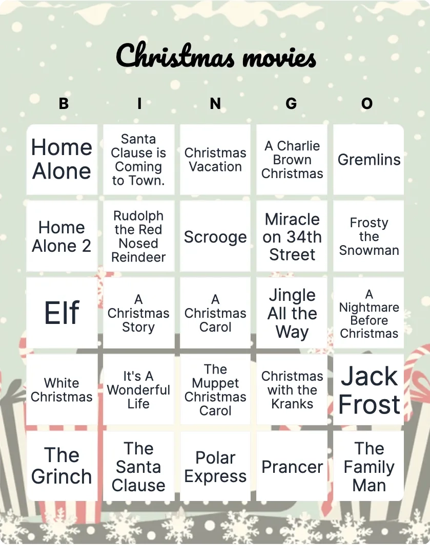 Christmas Movies Bingo Printable Customizable Bingo Card Creator