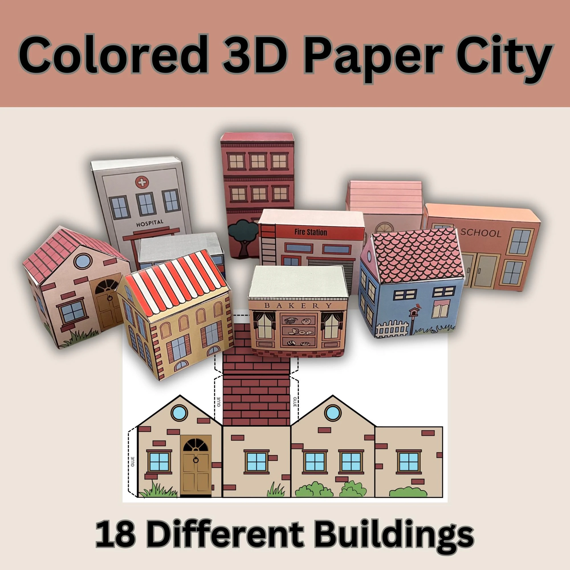 Colored 3D Paper City Printable 3D Buildings For Paper Kids Craft Houses Stores Fire And Police Stations 4 Blank Templates And More Etsy