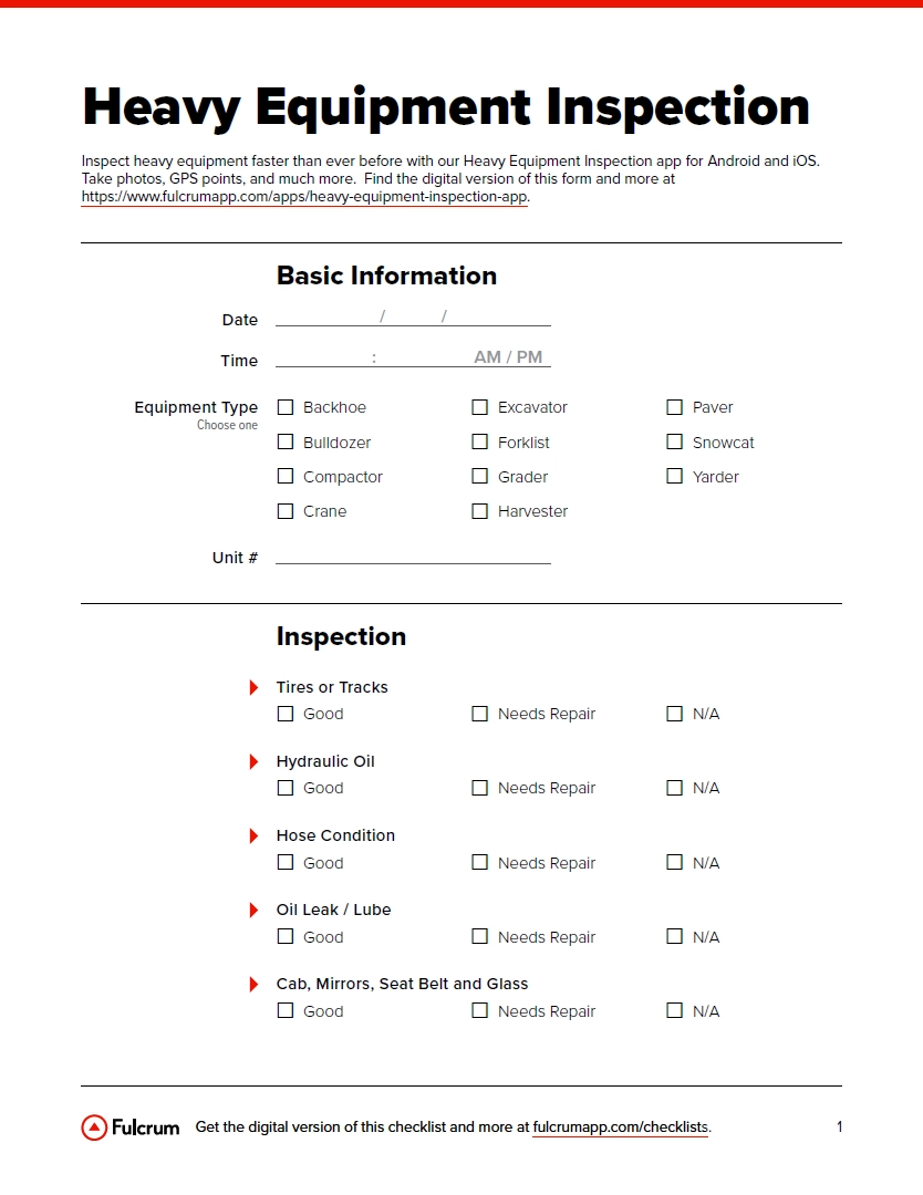 Construction Equipment Inspection Checklist Fulcrum