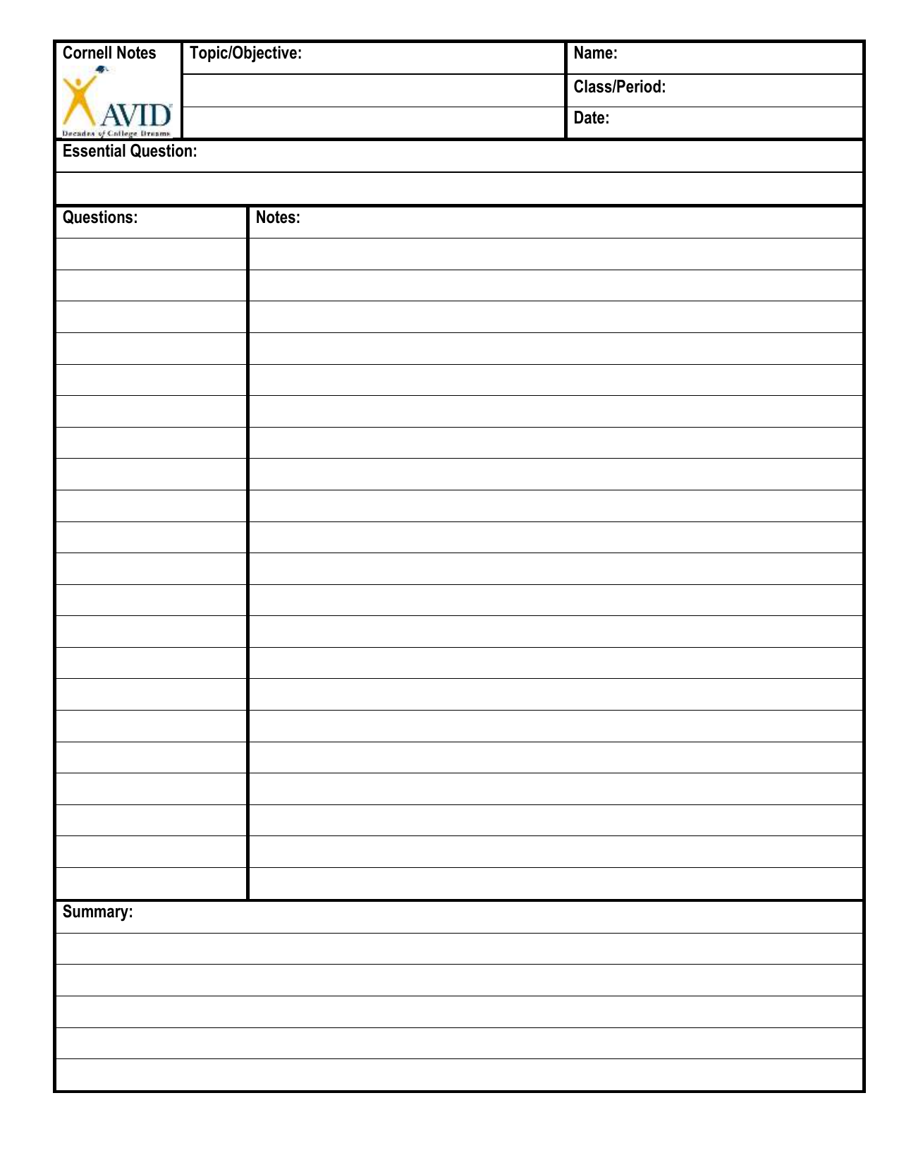 Cornell Notes Template For Effective Note Taking
