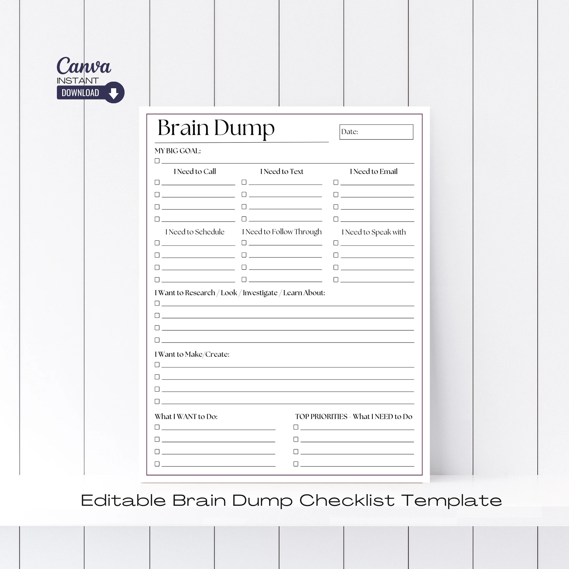 Editable ADHD Brain Dump Printable Task List Template canva Etsy