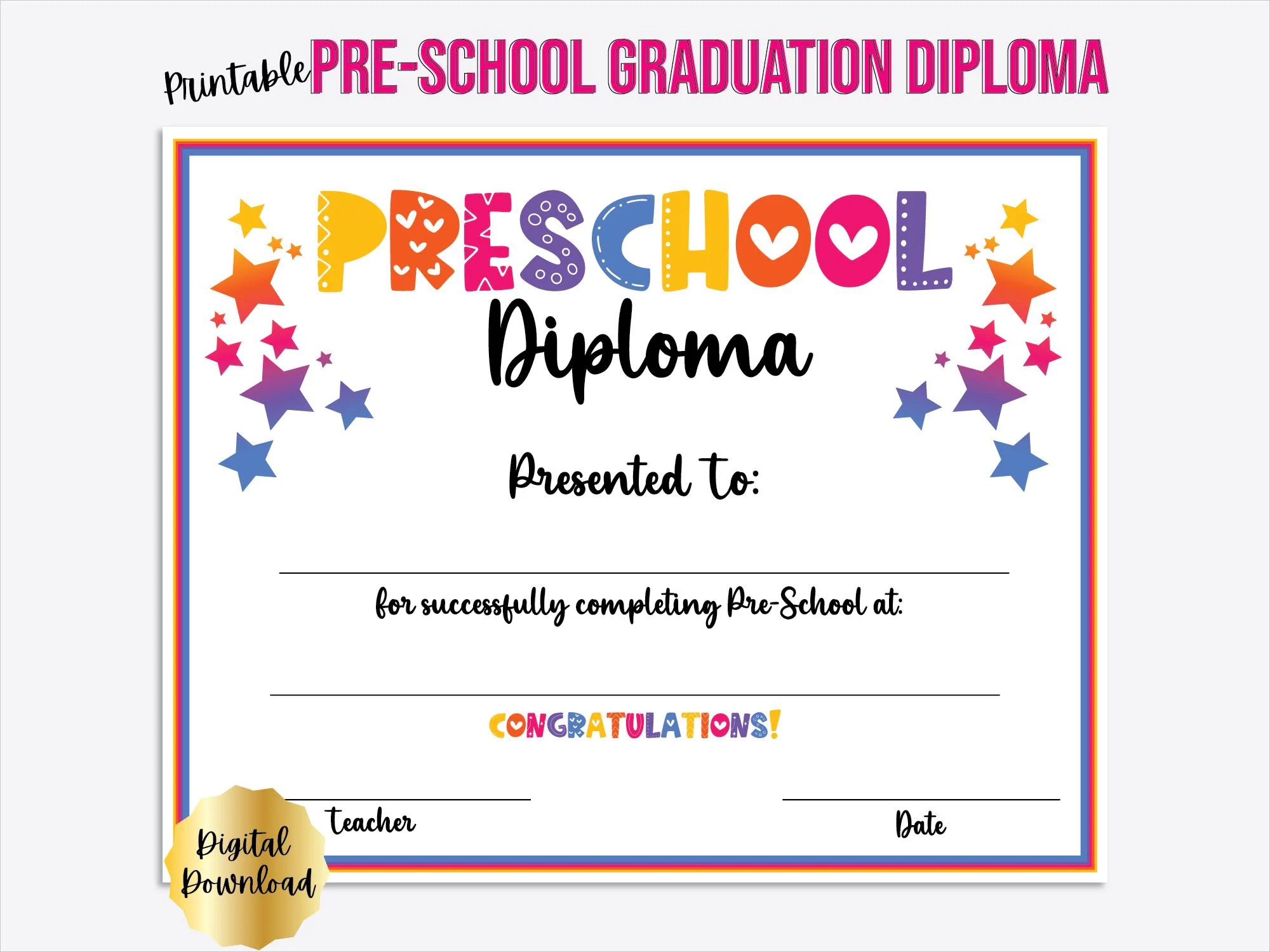 Editable Preschool Graduation Diploma Certificate Pre k Graduation Printable End Of Year Certificate Instant Download Etsy Denmark