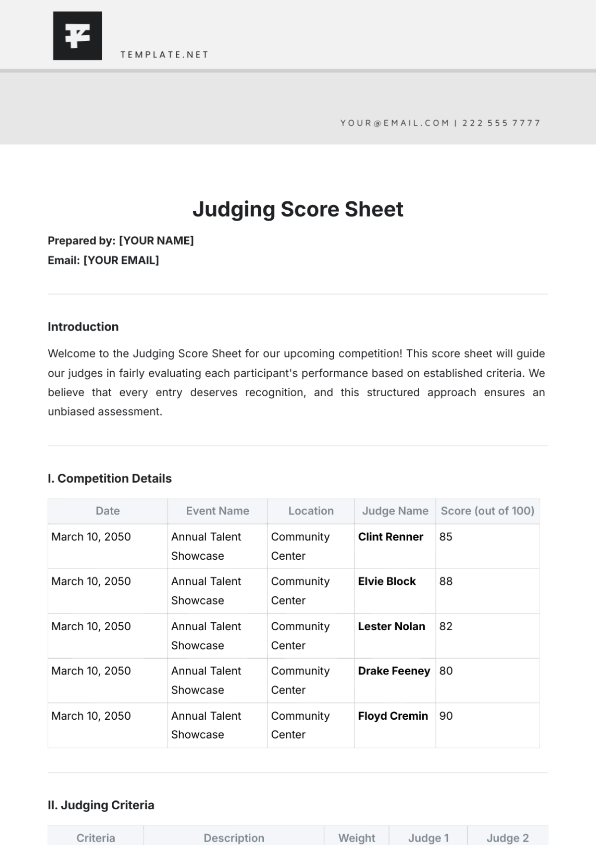 Free Judging Score Sheet Template To Edit Online