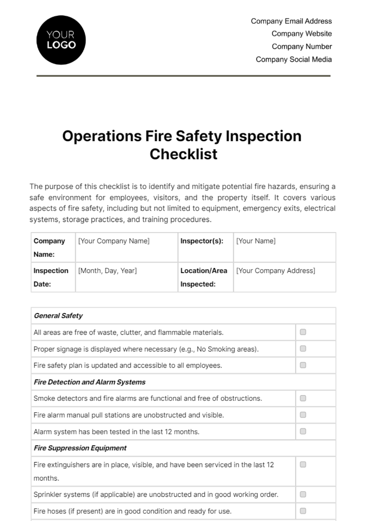 Free Operations Fire Safety Inspection Checklist Template To Edit Online
