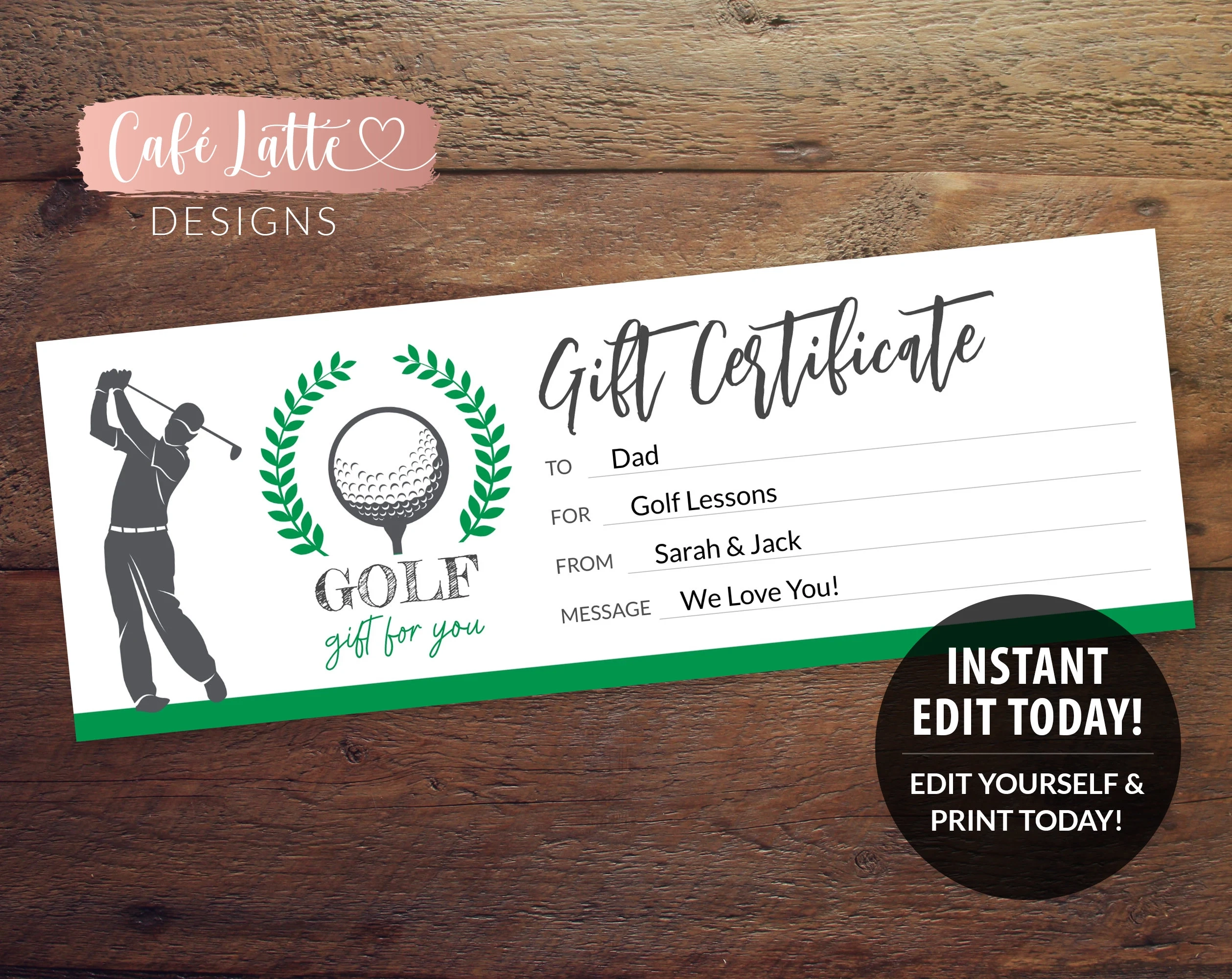 GOLF Gift Certificate Editable Template Printable Personalized Golf Gift Coupon For Dad Golf Lessons Instant DIY Corjl Last Minute Gift Etsy