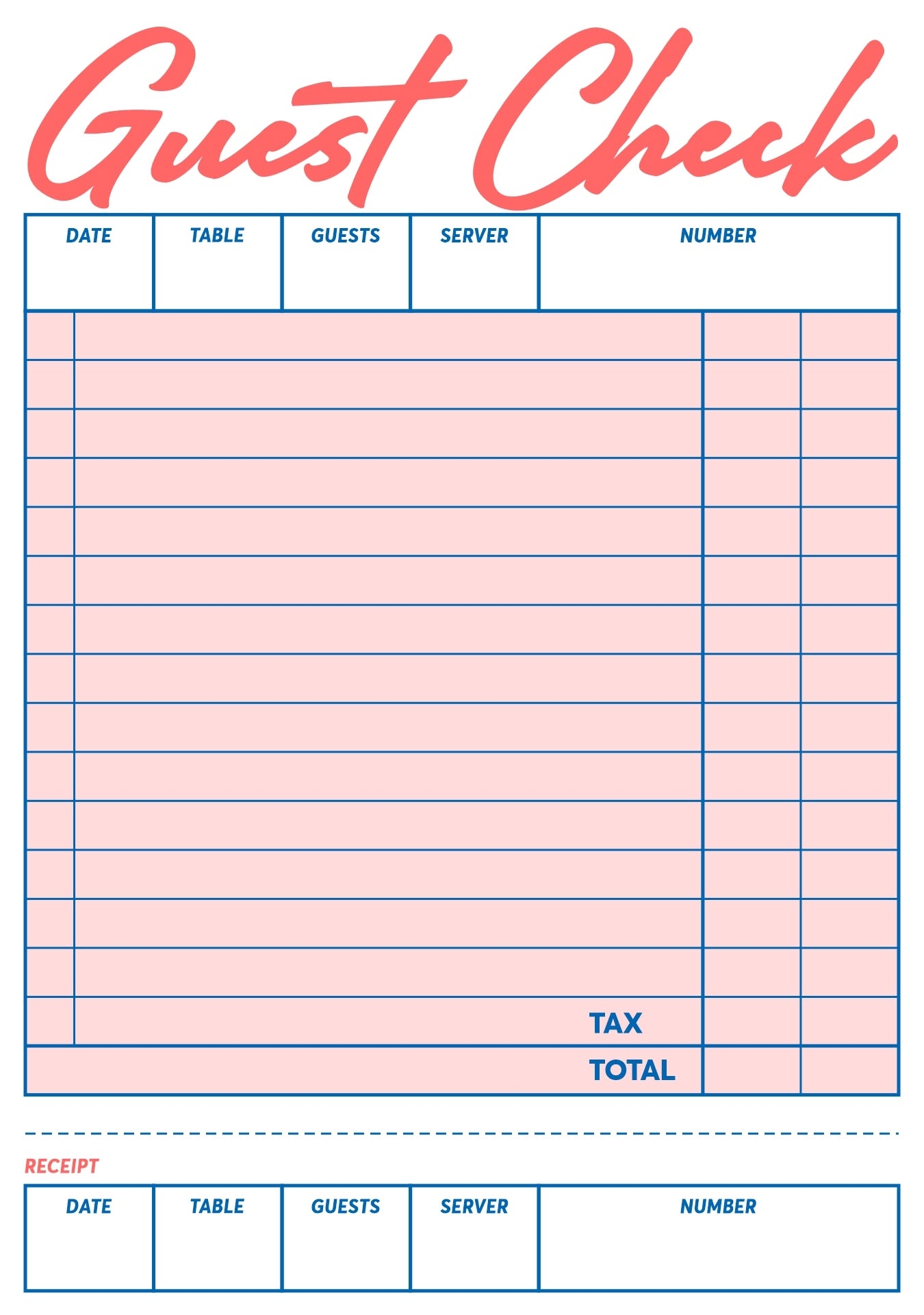 Guest Check Template Free Printable