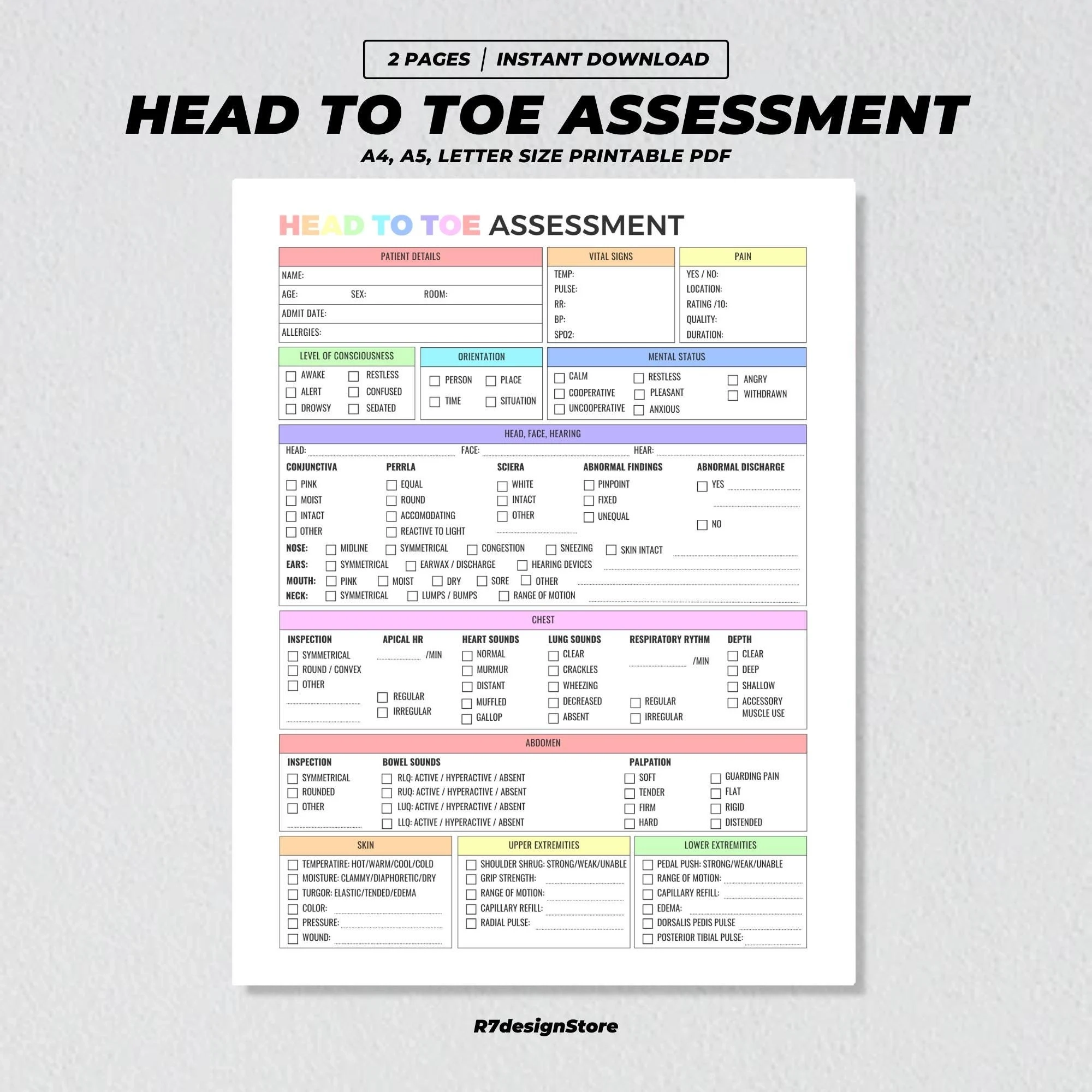 Head To Toe Assessment Printable Nursing Student Notes Nurse Checklist Nursing School Study Health Assessment Sheet Nurse Report PDF Etsy Israel