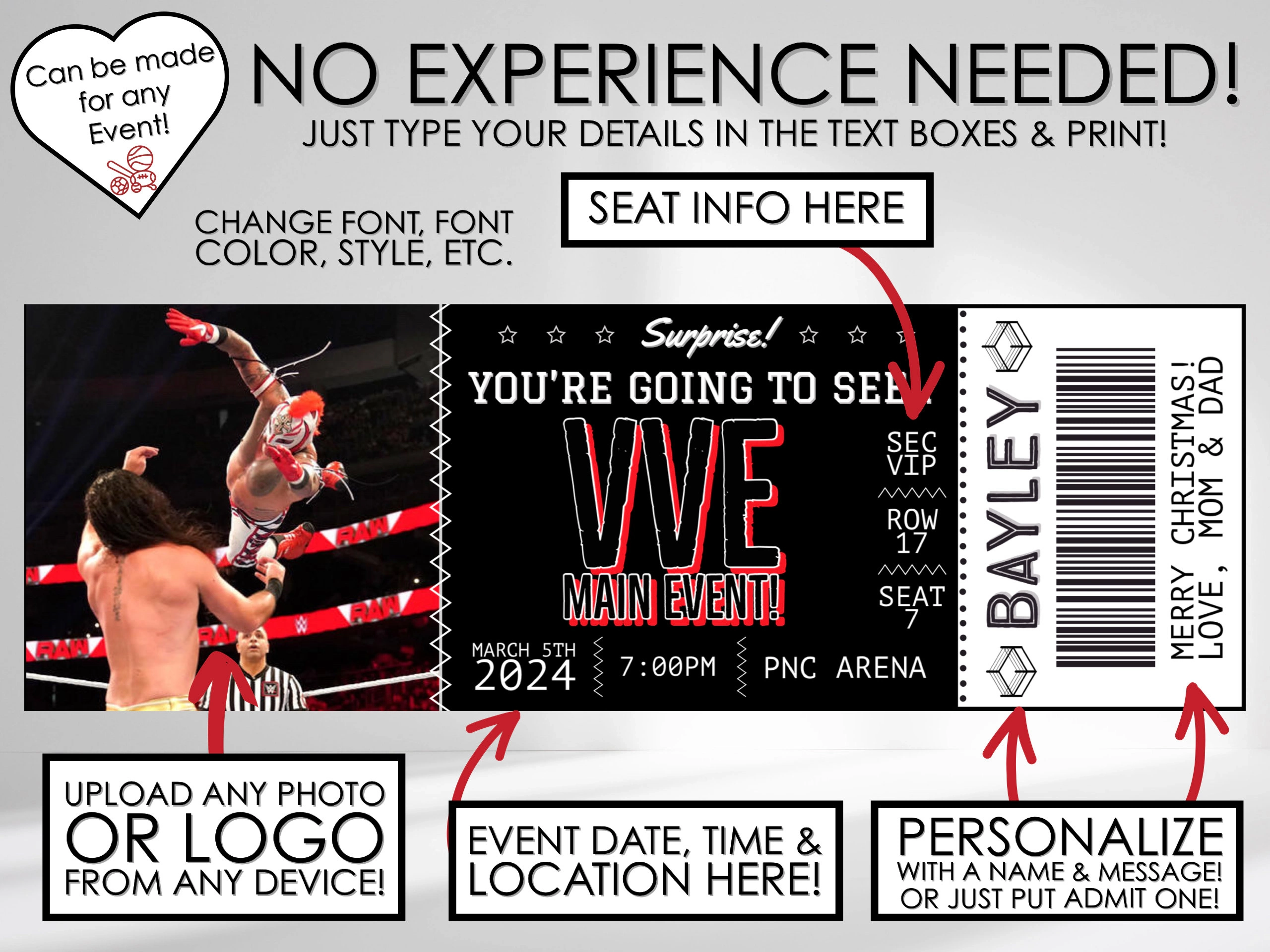 INSTANTLY EDIT Wrestling Or Boxing Event Ticket Stub Template Gift Professional Tickets For Christmas Gift Souvenir Print Pdf Email Etsy