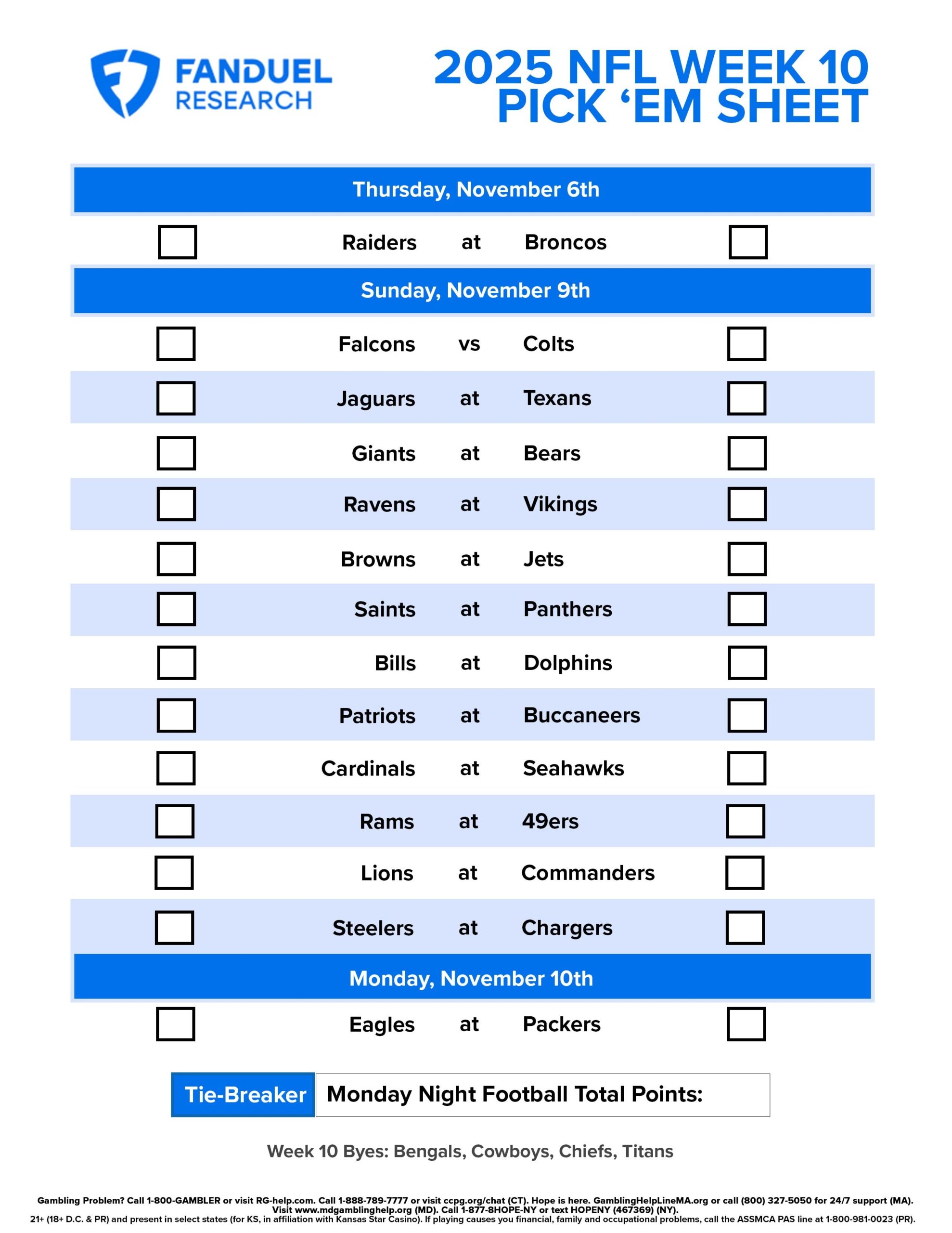 NFL Week 10 Pick Em Sheet Free Printable Schedule And Betting Odds FanDuel Research