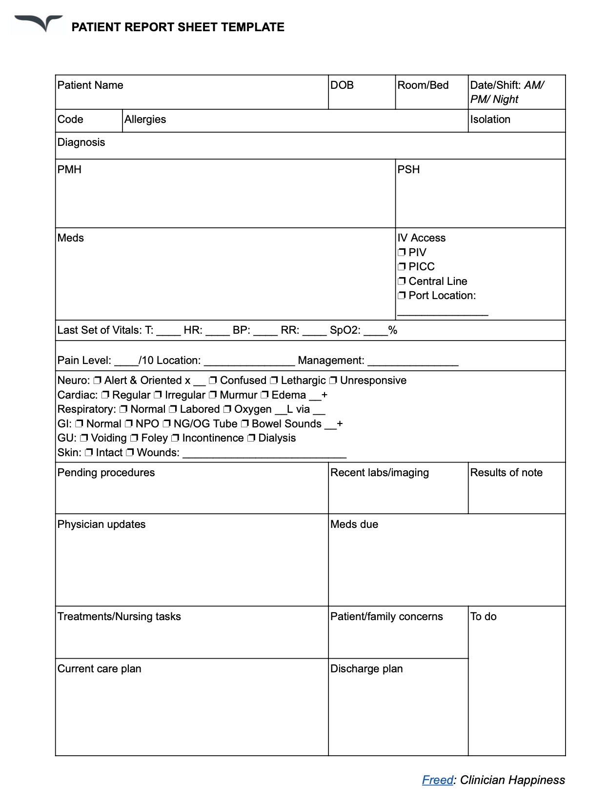 Nursing Report Sheet Template Free Download 2026