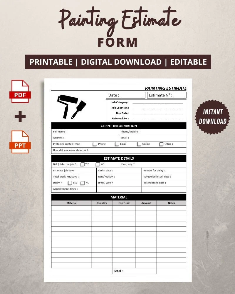 Painting Estimate Form Printable Job Quote Template PDF PPT Etsy