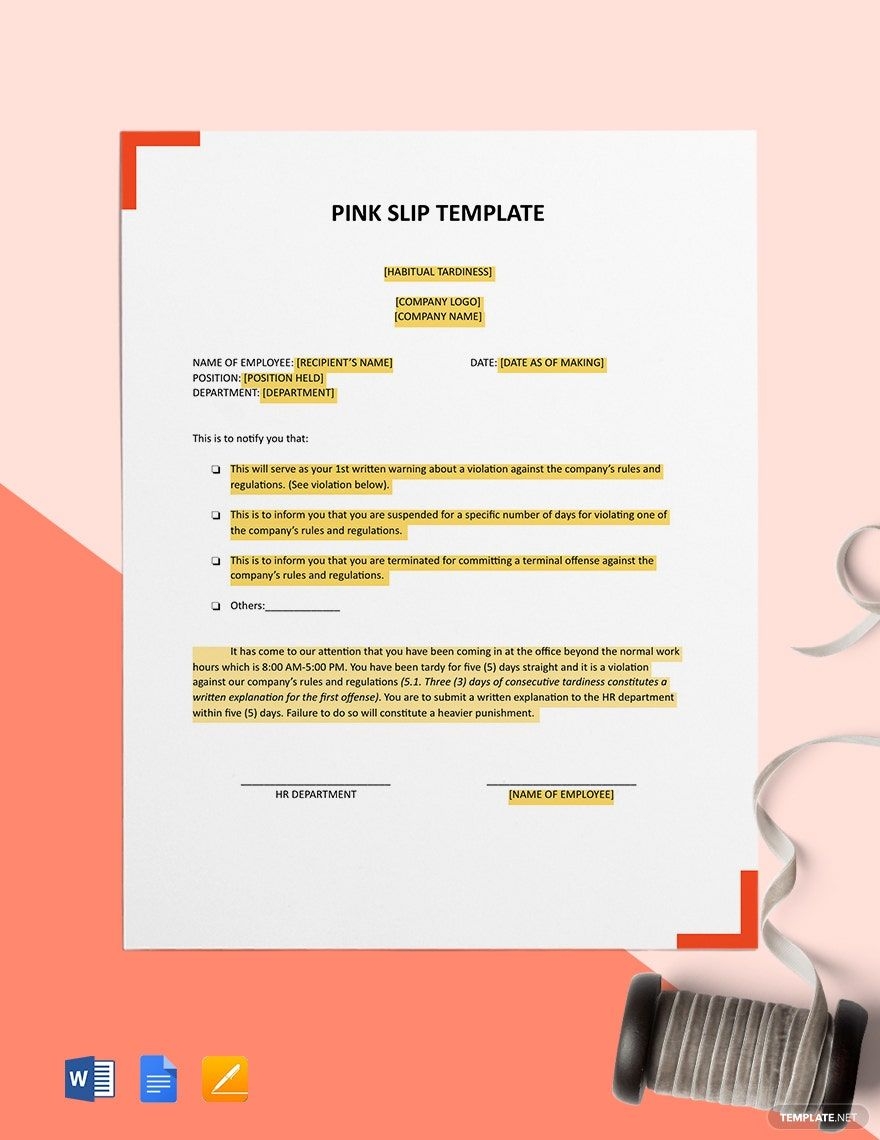 Pink Slip Template In Word Google Docs Pages PDF Download Template