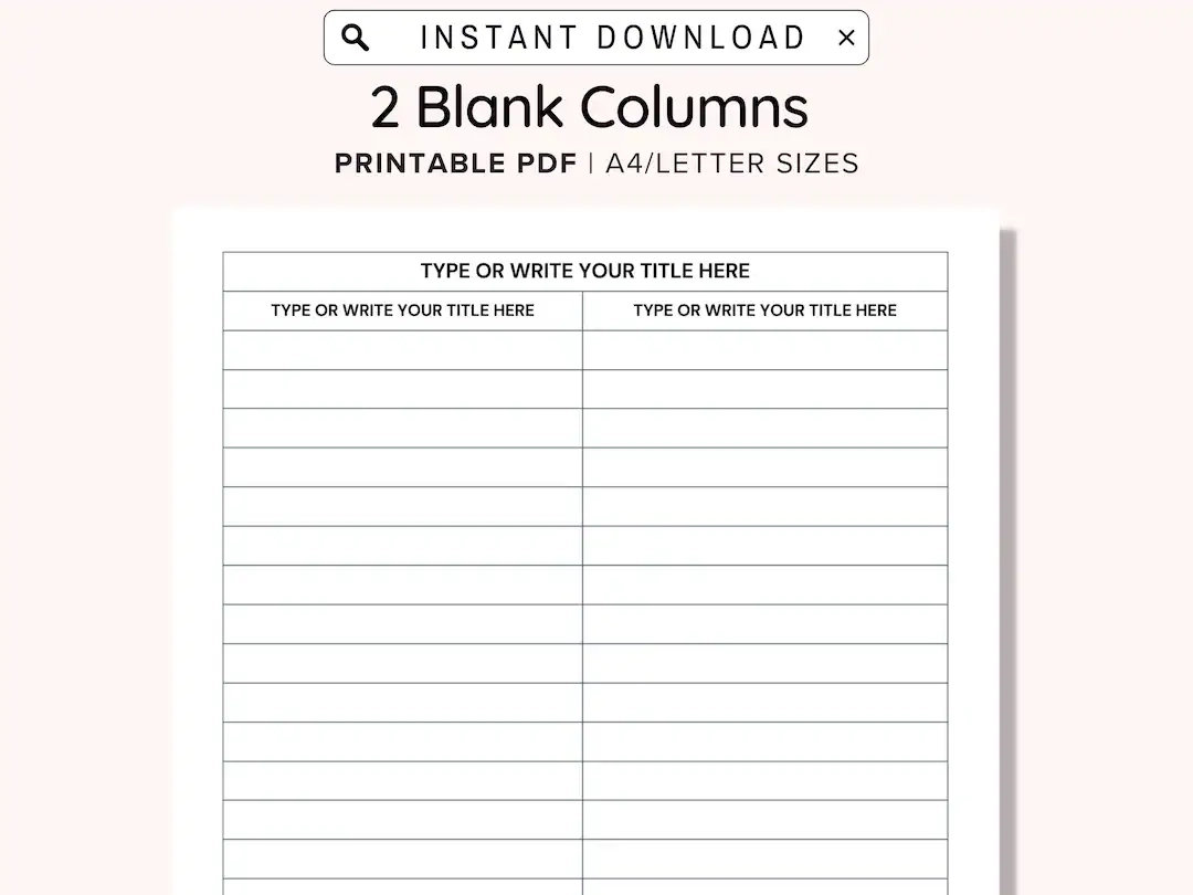 Printable Blank 2 Columns List Text Input And Print And Write Digital Editable Template Notebook Paper Refill Printable Note Insert PDF Etsy