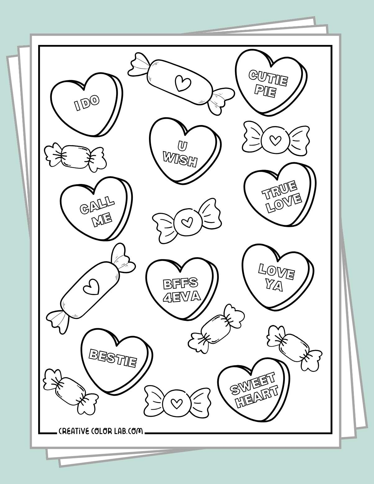 Printable Candy Conversation Hearts Coloring Pages PDF Format