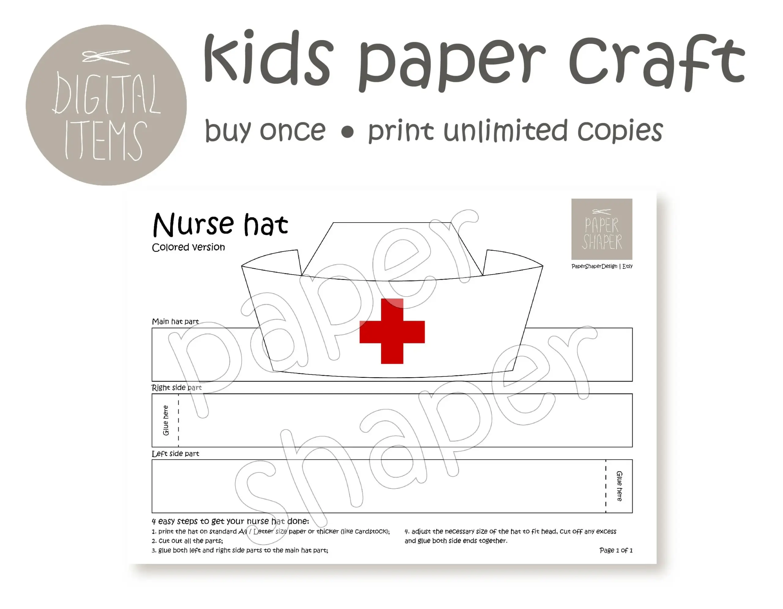 Printable Colored Nurse Paper Hat Kids Party Craft Doctor Costume Pdf Template Digital Download DIY Career Day Costume Occupation Party Mask Etsy New Zealand