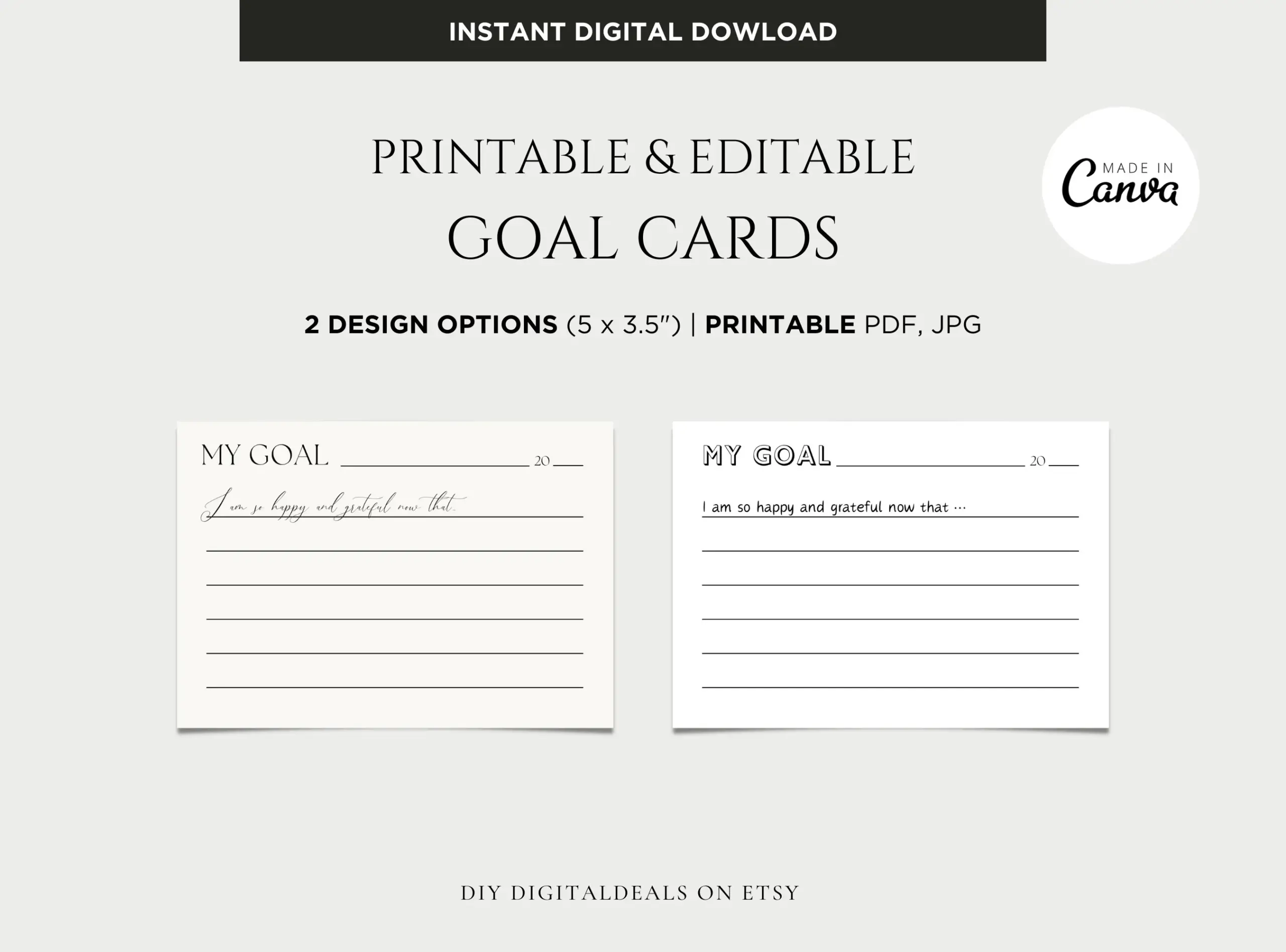 Printable Goal Card Template Minimalist Design digital Download Etsy