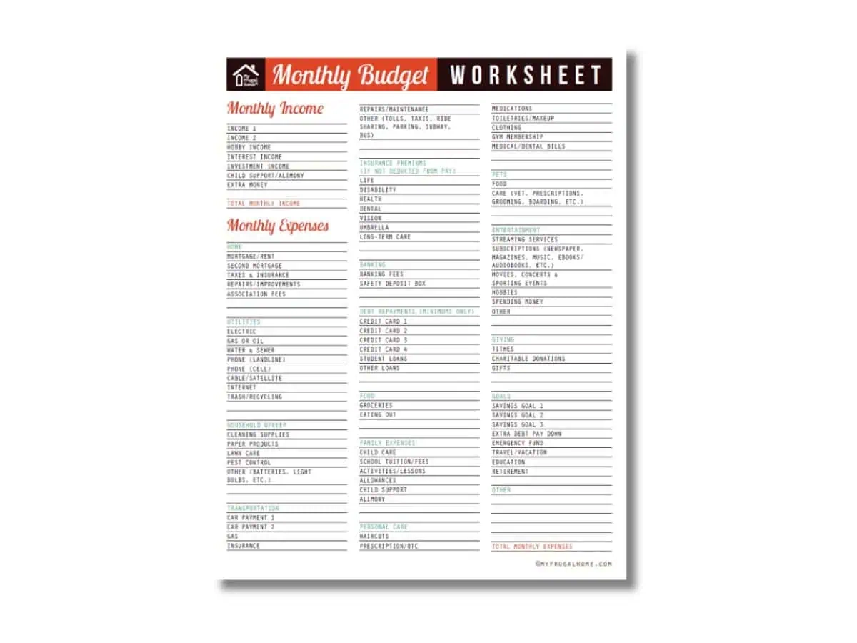 Printable Monthly Budget Worksheet