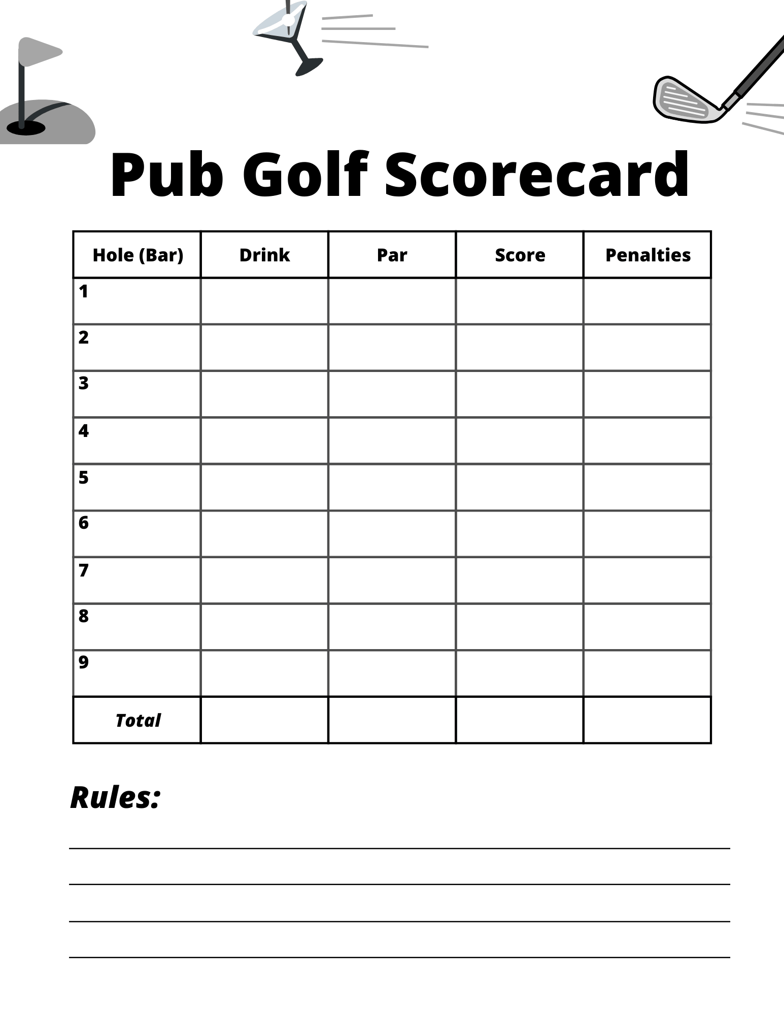 Printable Pub Golf Scorecard Template